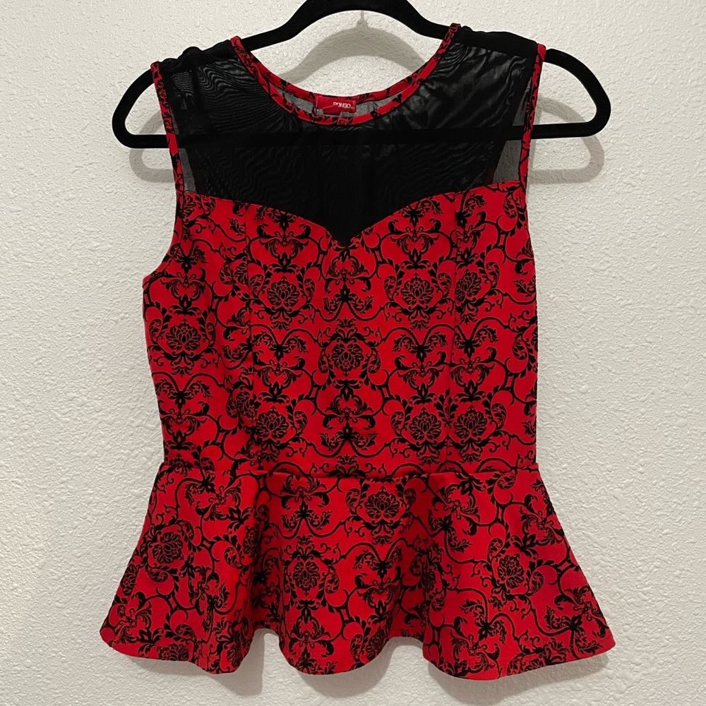 Bongo Peplum Top Juniors Large Red Black Floral Mesh Cut Out Back Whimsigoth